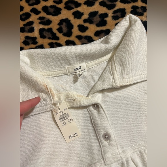 aerie White Long-Sleeve Polo Pullover Sweatshirt - Picture 3 of 11